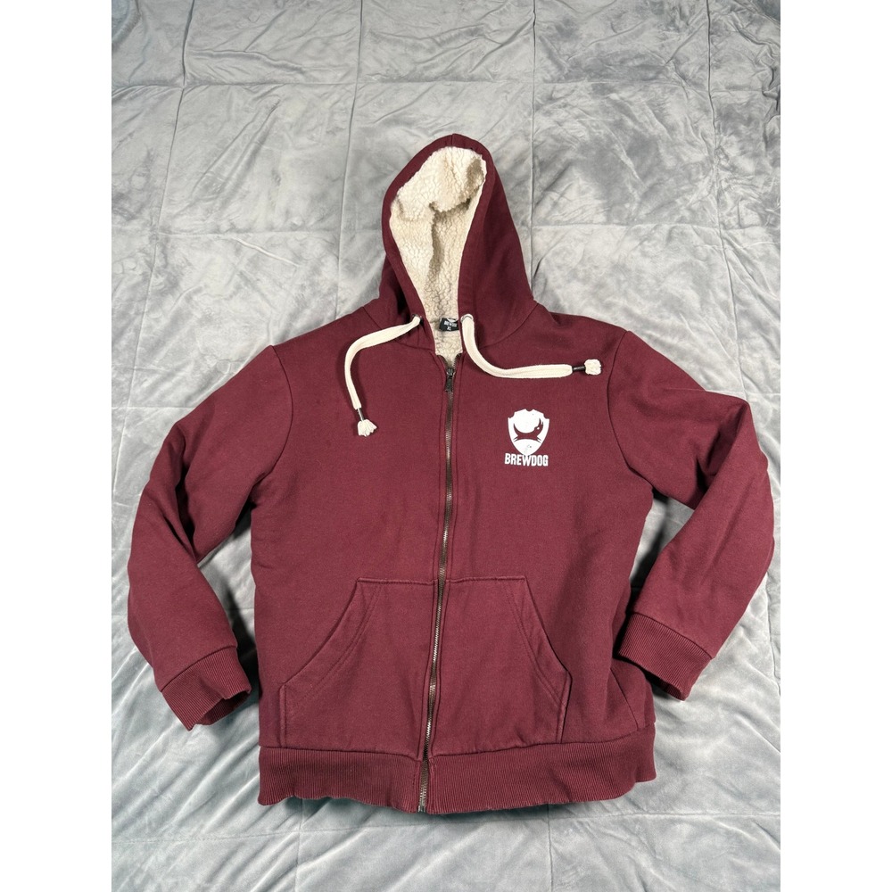 BrewDog Mens XL Full Zip Sherpa Lined Hoodie Maroon Burgundy Logo Sweatshirt